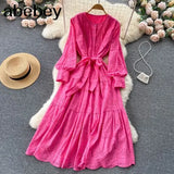 2022 Summer New Lace Embroidery Dress Women Long Sleeve Dresses Female Vintage Party Beach Maxi Long
