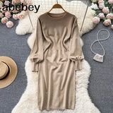 Women Autumn French Knitted Dress O Neck Long Sleeve Sheath Dress Office Lady Fashion Solid Mid Long Sweater
