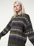 Womens Y2K Grunge Autumn Winter Casual Sweater Long Sleeve Round Neck Vintage Pattern Print Knitwear Pullovers-Outfit