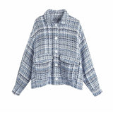 Blue Plaid Tweed Blazer Vintage Office Ladies Uniform Outfit Veste Chic Tops Za 2021 Women Abrigos Mujer Jacket Coat