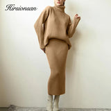 Elegant Knitted Sets Women 2021 New Casual Two Pieces Turtle Neck Sweater and Midi Skirt Female Warm Suits with