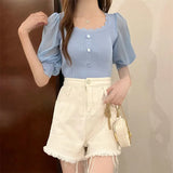 Korean Version Of The Small Fragrant Collarbone Design Shirt Short Bubble Sleeve Ice Silk Knitted Short-Sleeved T-Shirt