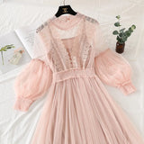 New Women Fashion Dress Stand Collar Lantern Sleeve Mesh Dress See-through Lace Embroidery Fairy Dress Femme Vestidos