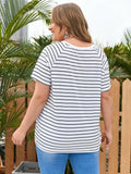 White Casual O-Neck Short Sleeves Striped Print Regular Plus Size