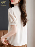 Han Queen New Simple Summer Elegant Single-Breasted Chiffon Blouse Womens Loose Casual Vintage Shirts Simple Basic Office Tops-Outfit