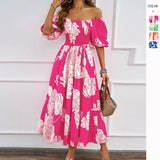 Elegant Printing Shoulder Bubble Sleeve Fashion Dress In