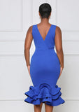 Sexy V-neck Sleeveless Solid Ruffles Layered Midi