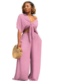 Summer Clothes Casual 2 Two Peice Set Outfits Women Short Sleeve Bandage Crop Top Baggy Pants Black Gray Matching