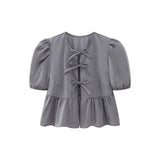 Women's Elegant Kawaii Summer Peplum Blouse Tops Short Puff Sleeve Round Neck Bow Tie-Up Front Babydoll Flare Shirts-Outfit