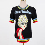 Women Tops Jacquard Lovely Girl Letters Short Sleeve Pullover 2022 Summer Female Knitted Striped O-Neck Sweater Jumper