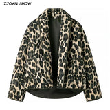 Retro Brown Black Leopard Print Lapel Quilted Coat Ethnic Women Quilting Full Sleeve Warm Loose Jacket Oversize Outerwear-Outfit