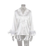 Wear Women Soft Feather Home Suit Button Up Top Slim Pants Two Piece Set 2022 Casual Pajama Elegant Lady Homewear