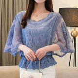 Butterfly Flower Half Sleeve Shirt Women Plus Size Fashion Chiffon Blouse Summer Cotton Edge Lace O Neck Loose Shirt 4073