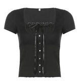 Korean Cute Y2K Retro Cotton Tops Lace Patchwork Buttons Kawaii Tshirts Autumn Square Collar Chic Casual