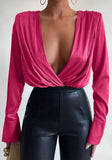 Sexy V-neck Full Sleeves Solid Satin