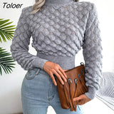 Sexy Cropped Sweater Women Autumn 2023 Long-sleeve Knitted Sweater Pullovers Hollow Out Elegant Solid Female Sweaters