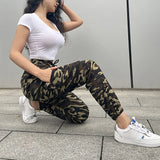 Print Camouflage Cargo Long Pants Women Lace Up Elastic Waist Pockets Loose Spliced 2023 Autumn Straight Trousers-Outfit