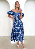 Summer New Temperament Elegant Print Shoulder Holiday Style Sexy Loose Dress