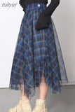 Hit Color Casual Patchwork Mesh Women's Skirts High Waist Plus Size Loose Plaid Skirt Female 2023 Autumn Clothing