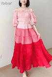 Patchwork Sashes Colorblock Dress For Women Slash Neck Short Sleeve High Waist Midi Dresses 2023 Summer Fashion