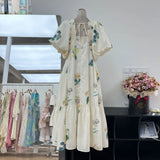 Congyuan Thousand Gold Tea Break Holiday Leisure V Collar Bubble Sleeve Print Bamboo Dress Temperament