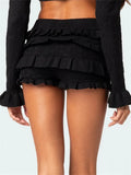 Women Knitted Shorts Elastic Waist Layered Ruffles Slim Fit Summer Shorts Casual Solid Party Pants Streetwear 2024-Outfit
