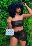 Sexy Strapless Sleeveless Low Waist Solid PU Leather Asymmetrical MiniTwo Piece Skirt
