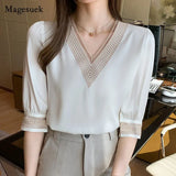 Hollow Out Blouse Women New 2021 Middle Sleeve White Shirts Chiffon Fashion V Neck Splicing Top Female Blusas Mujer