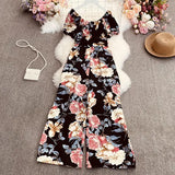 New Summer Women Slash neck off shoulder puff sleeve Jumpsuit elastic waist slim print wide leg Pants