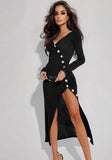 Black Formal V-Neck Front Slit Long Sleeve Slim Evening