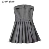 Sexy Gray Ruched Chest Strapless Croset Style Mini Dress Safari Women Slim Waist A line Pleated Hem Tube top Party Robe-Outfit