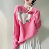 Heart-shaped Knitted Jumpers Women's Clothing Commute Autumn Winter Casual O-Neck Fashion Beading Patch Designs