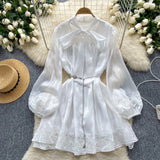 Dress Women's Neckline Bow Tie With Lantern Sleeve Lace Splicing Bright Face Chiffon Skirt Skirt