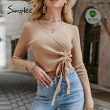 Elegant long sleeve sweater crop top women Office v-neck autumn short pullover solid Stylish sexy lace up female