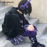 Hoodie Fake Two Piece Hooded Sweatshirt Striped Patchwork Hoodies Women Clothes for Teens Y2K Anime Harajuku Black Tops-Outfit