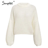 Winter lantern sleeve knitted sweater pullover Women loose O-neck solid sweater Female autumn casual sweater jumper