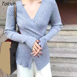 2023 Spring Autumn Ribbed V-neck Pullover Women Basic Solid Color Knitted Sweater Woman Slim Fit Long Sleeve Jumper