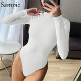 2020 New Fashion Women Sexy Long Sleeve Nude Knitted Bodysuit Black White Turtleneck Autumn Skinny Short Rompers Body