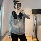 Clothing Korean Solid Color Sweaters Casual V-Neck Sweet Bow Patchwork 2023 Autumn Button Commute Loose Knitted