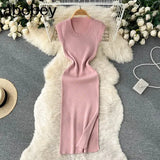 Spring Summer Dress Knitted Solid O Neck Sexy Bodycon Midi Dresses for Women Stretch Vestidos
