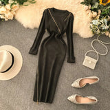 2022 Zipper Autumn Dresses Winter Bodycon Knitted Sweater Midi Pencil Dress Party Knee Length Women Casual Office