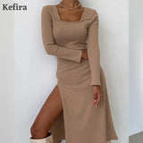 2022 Sexy Square Neck A Line Midi Dress Women Spring Kintted Long Sleeve Basic Street Vintage Khaki Split Party