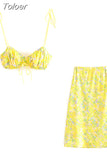Suspender Crop Top + Midi Skirt Suit Floral Tube Top Tops Elastic Waist Floral Stitching Skirt Suit Woman Two-Piece