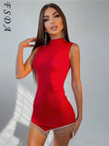 2021 Diamond Tassel Black Party Dresses Women Sleeveless Sexy Mini Club Summer Dress Bodycon Red White Y2K Off