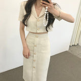 Korea Elegant Lapel Thin Tweed Small Suit Short Jacket + High Waist Chic Button Slim Womens Two Piece Skirt Sets Summer 703-0-Outfit