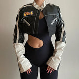 Cloth Forget Street Locomotive Wind Letter Print PU Leather Spliced Short Jacket Work Clothes Casual Leather