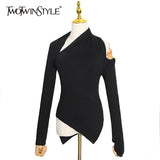 Black Sweater For Women Irregular Collar Long Sleeve One Off Shouder Hollow Out Knitted Sweaters Female 2022