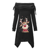 Women's Large-Size Long-Sleeved Christmas Elk Printed Pleated Collar Pleated Irregular Long Tunic-Outfit