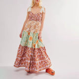 Women's Vintage Floral Print Silky Bow Knot Tie-Up Shoulder Straps Sleeveless Summer Big Swing Long Cami A-line Dress-Outfit