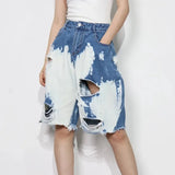 Streetwear Patchwork Hole Pants For Women High Waist Denim Wide Leg Casual Trousers Female Fashion New Style